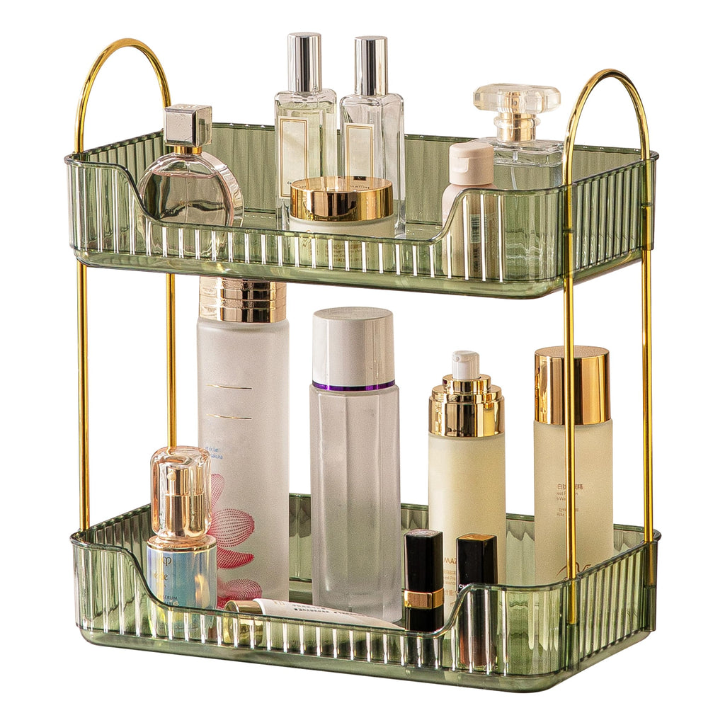Akinbas 2 Tier Bathroom Organizer Countertop Makeup Perfume Tray Skincare Organizer for Bathroom Dresser Vanity (Green)