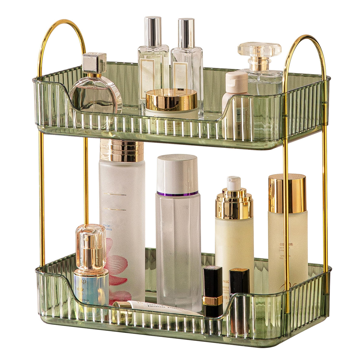 Akinbas 2 Tier Bathroom Organizer Countertop Makeup Perfume Tray Skincare Organizer for Bathroom Dresser Vanity (Green)