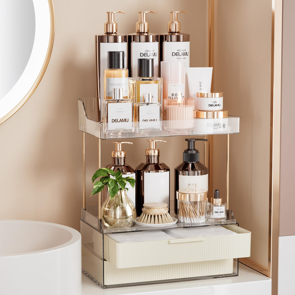 Delamu 4-Tier Makeup Organizer, Bathroom Counter Storage, 2 Drawers, Amber