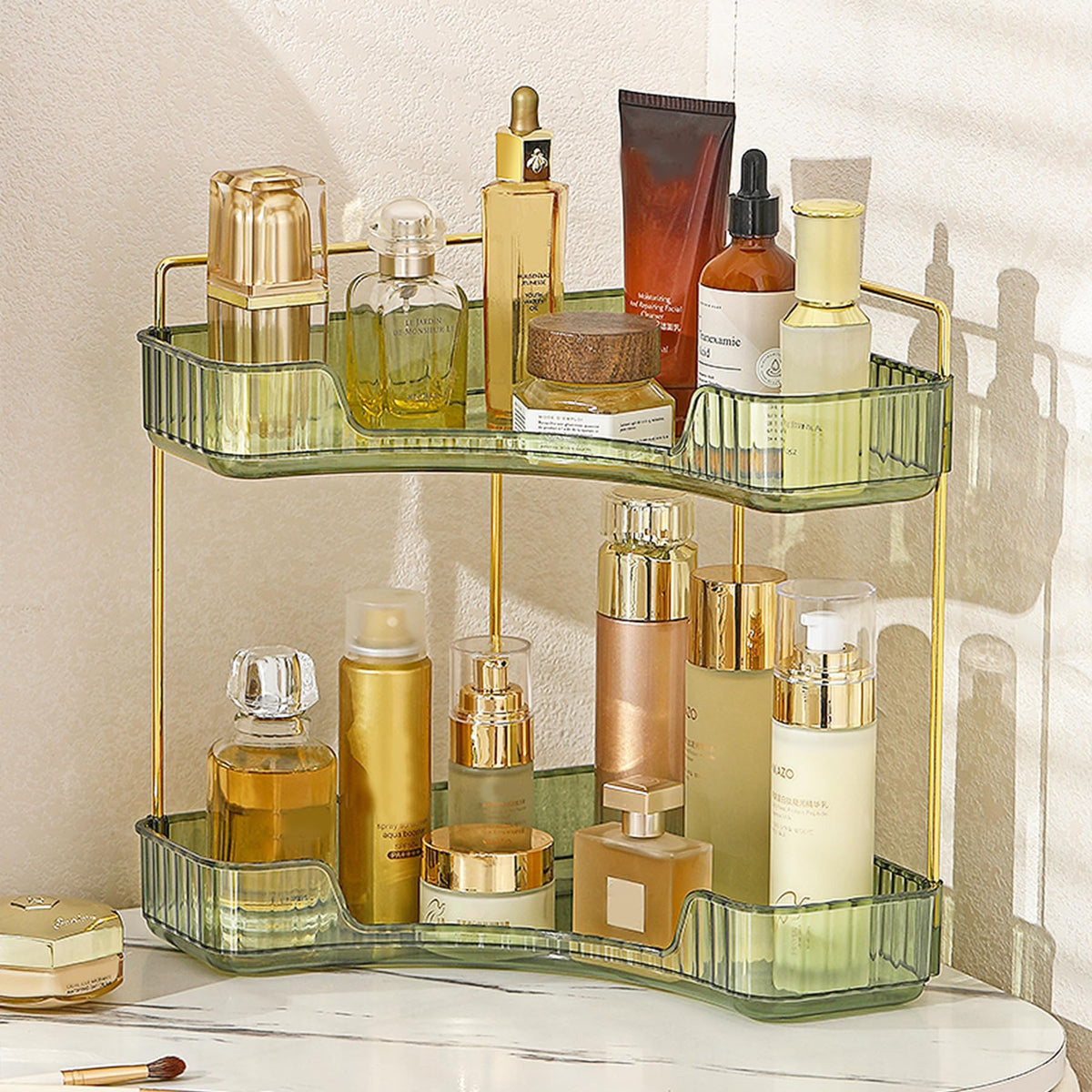 Aveniee Corner Bathroom Counter Organizer, Bathroom Countertop Shelf Makeup Storage, Clear Perfume Tray Holder (3 Tiers, White)