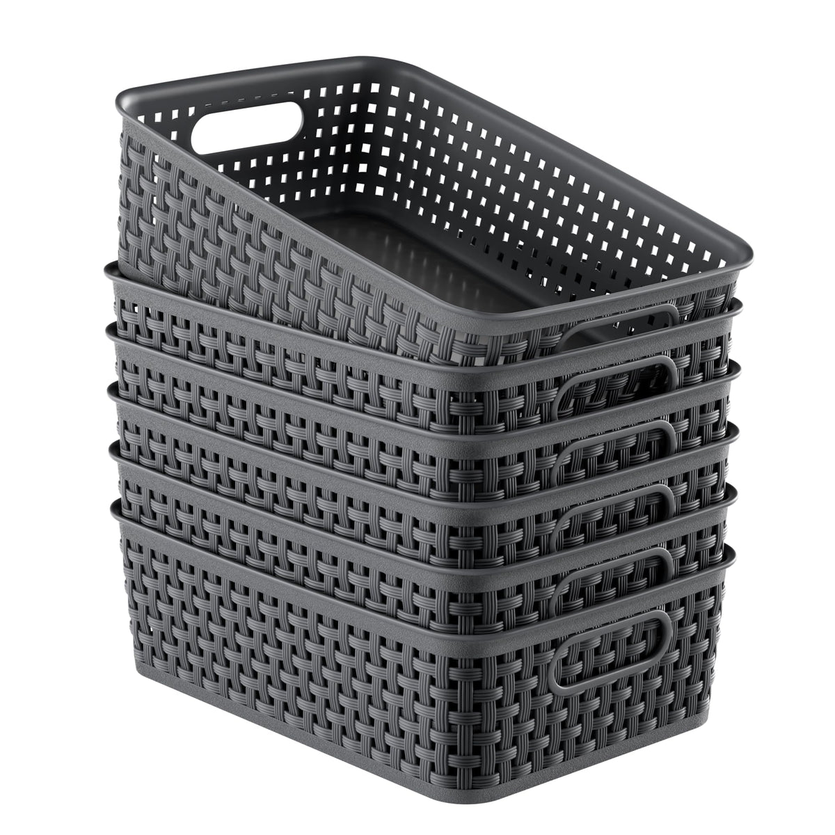 3 Pack Small Plastic Basket, Storage Bin Baskets for Organizing, Pantry Organizer Household Wicker Storage for Laundry Room, Bedrooms, Kitchens, Cabinets, Countertops, Dark Gray