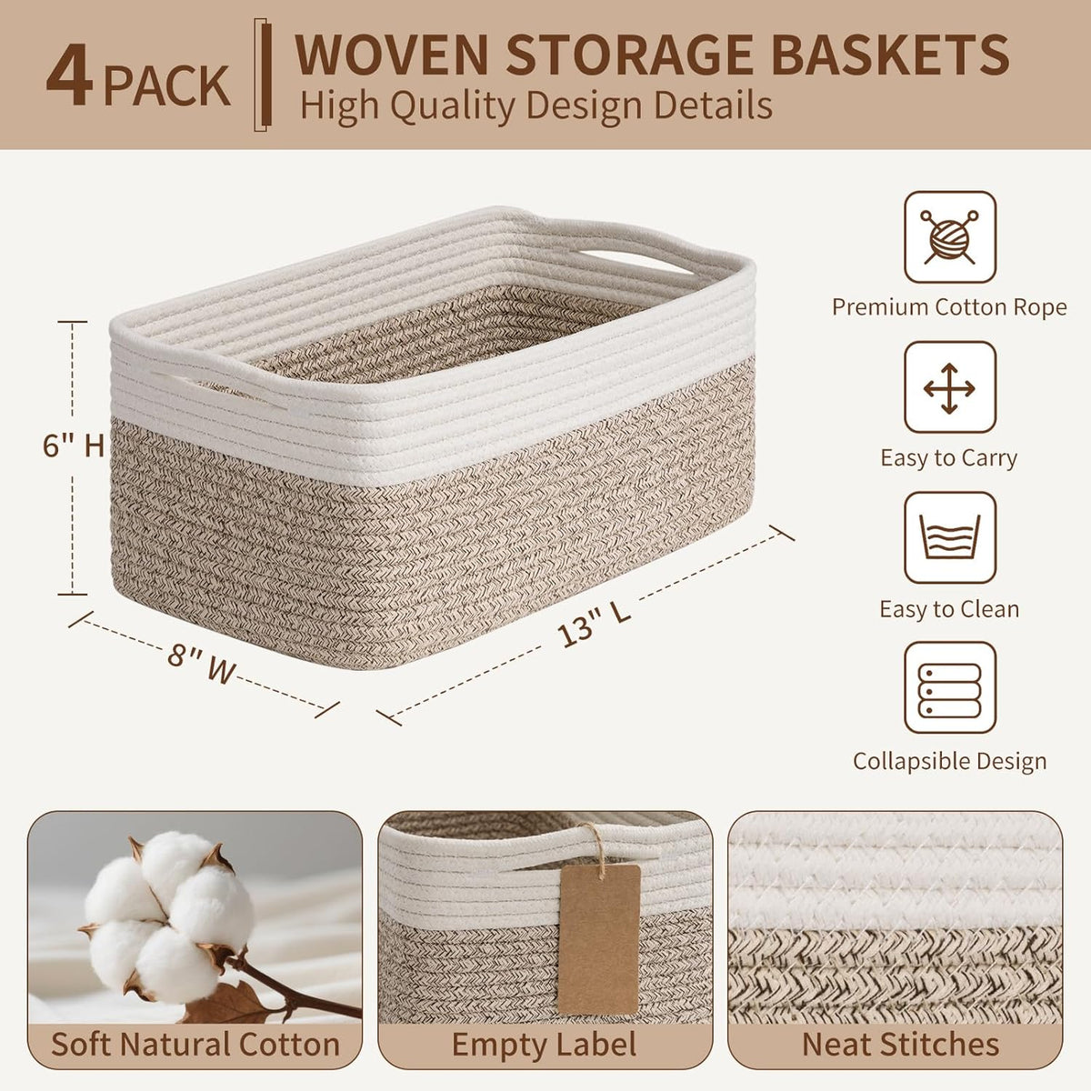 Goodpick 4 Pack Storage Baskets for Organizing Shelves, Light Brown & White