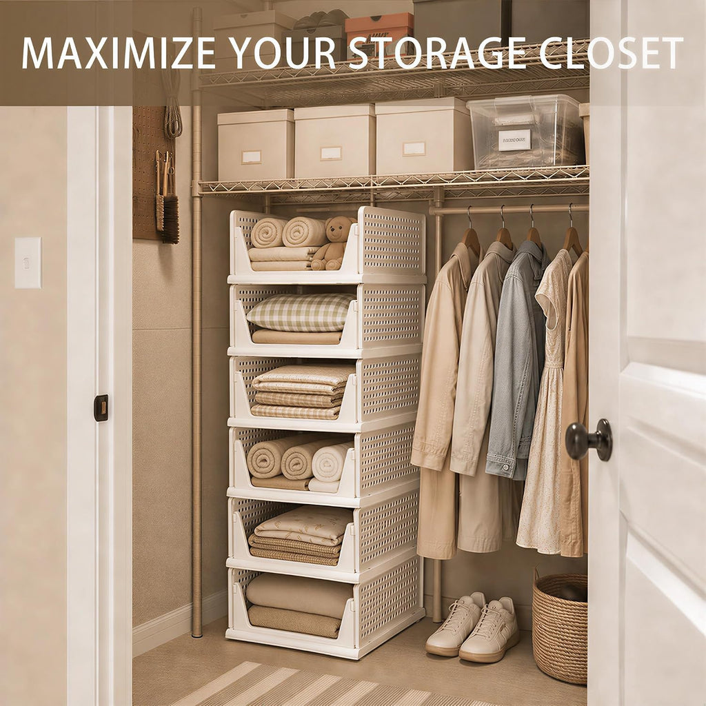 Pinkpum 6 Pack Closet Organizer Storage Bins Stackable Plastic Drawer Shelf