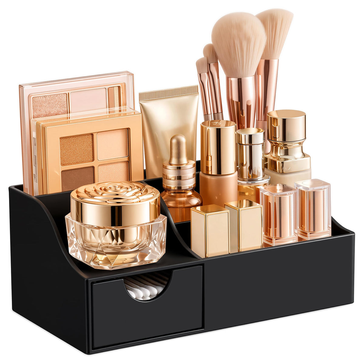 HBlife Makeup Organizer with Drawer – Cosmetic Storage for Vanity, Bathroom Countertop & Dresser, Skincare Organizer with Brush Holder, Beauty Display Case (Clear)