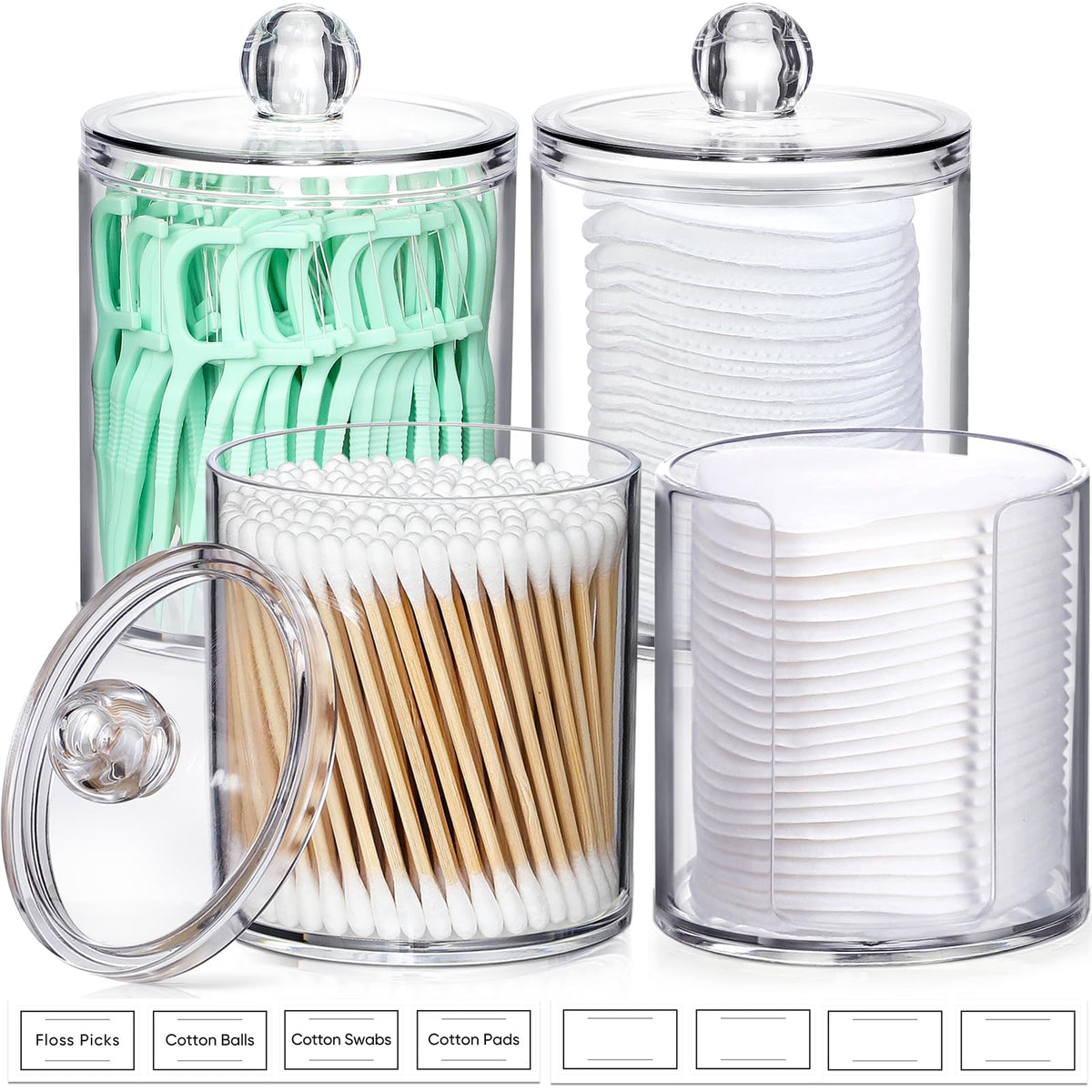 4 Pack Acrylic Qtip Holder Dispenser for Cotton Swabs, Balls, Floss Picks