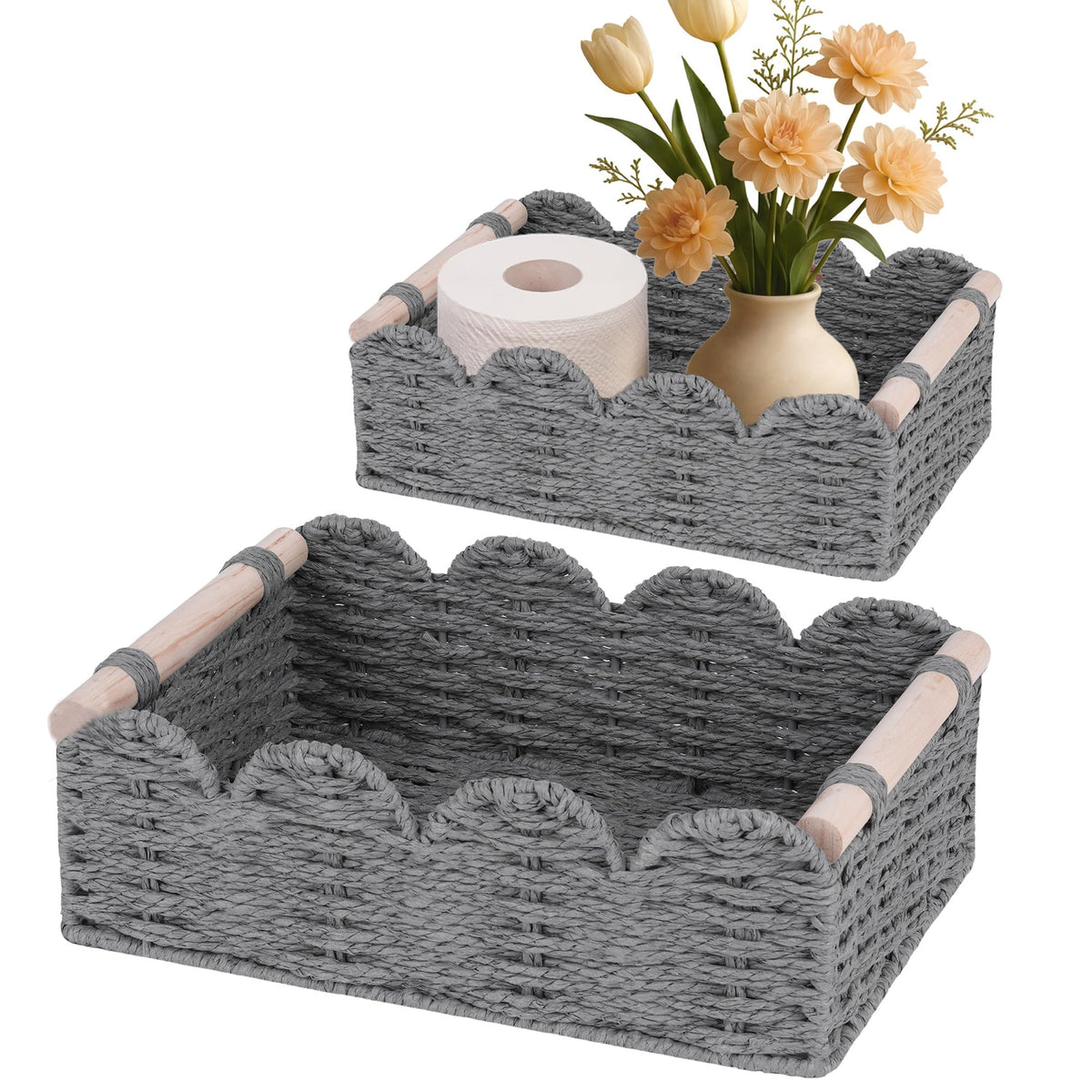 iEGrow Paper Rope Small Storage Baskets for Organizing, Set of 2 Scalloped Edge Wicker Basket with Wooden Handles Toilet Paper Basket for Over Toilet Storage Shelf, Home Decor, Living Room (Neutral)