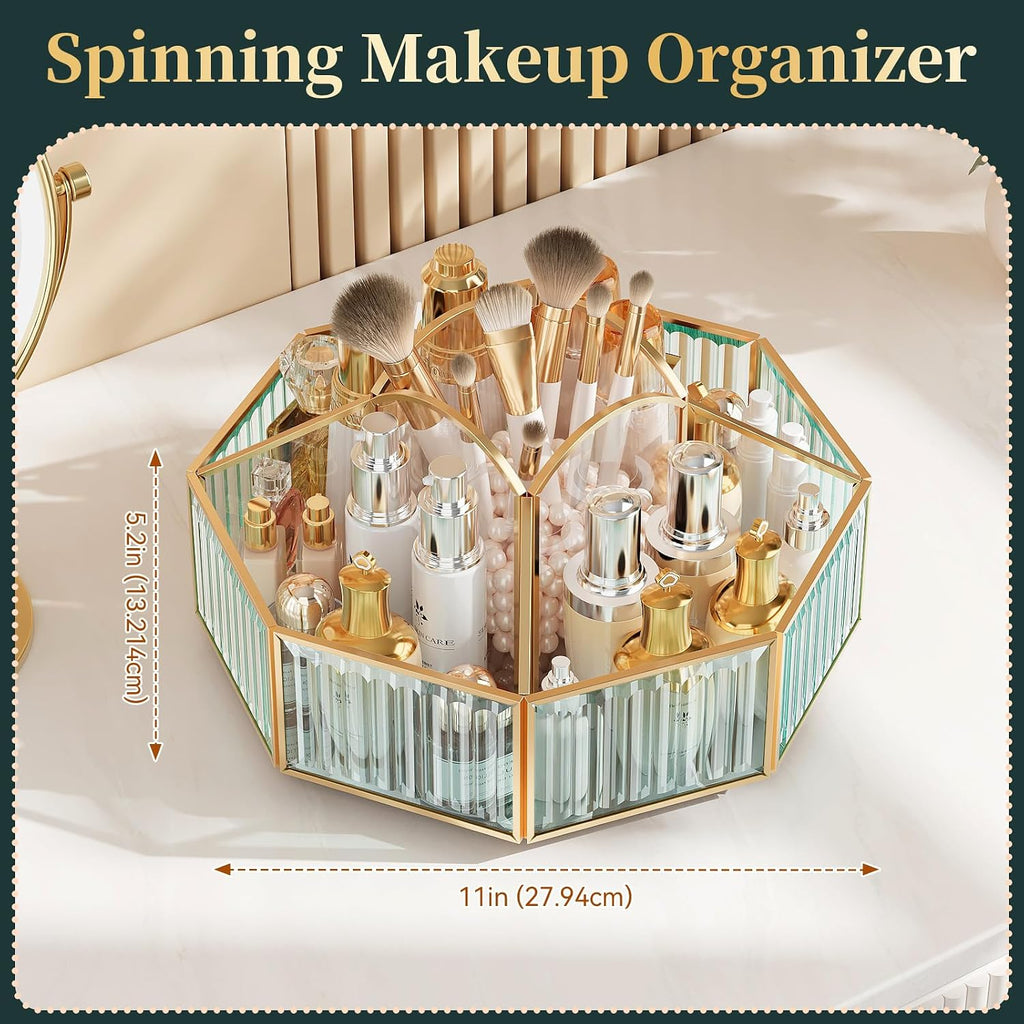 CoralHouse Rotating Glass Makeup Organizer for Vanity with Brush Holder