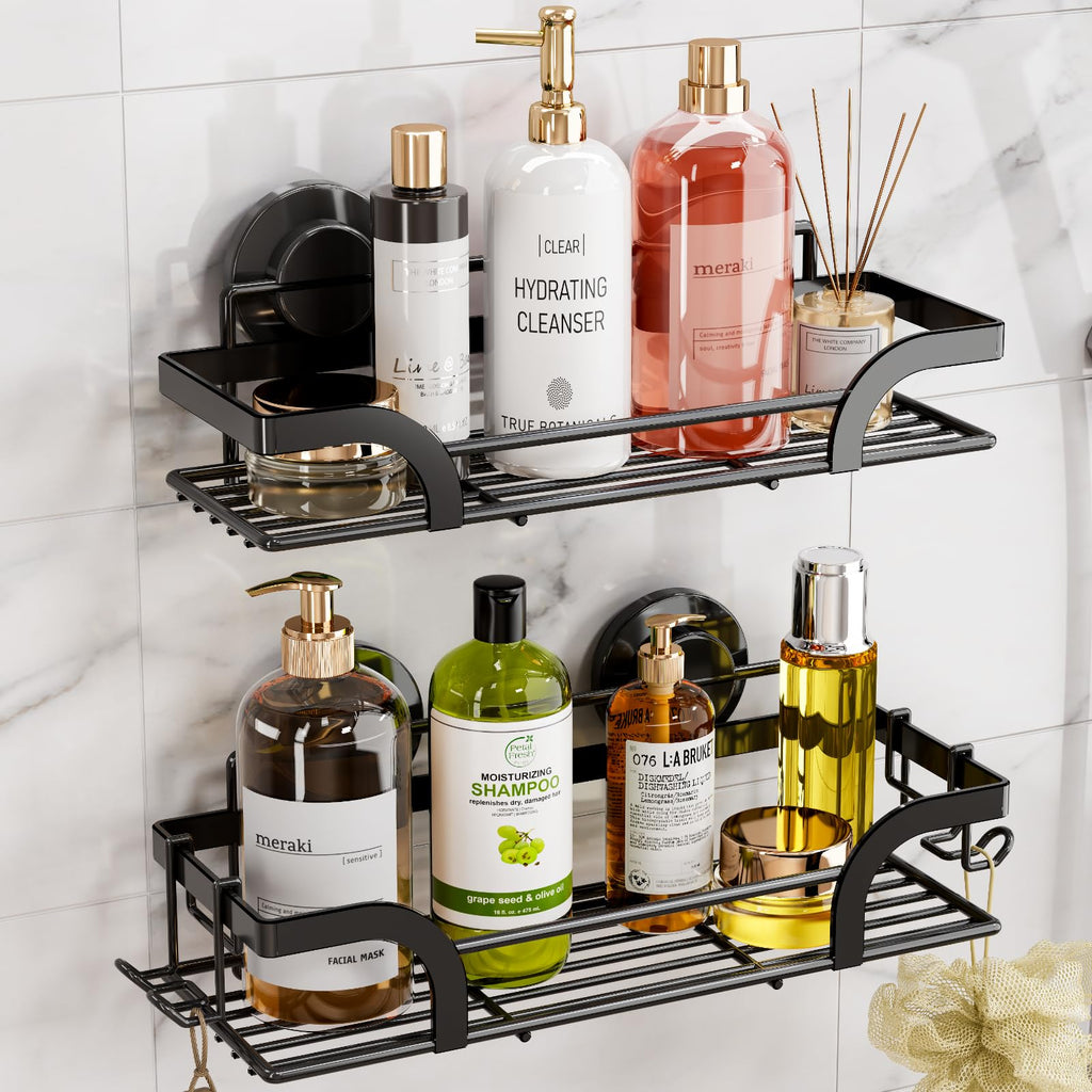 LEVERLOC Shower Caddy Suction Cup, 2 Pack Suction Shower Shelf With Hooks