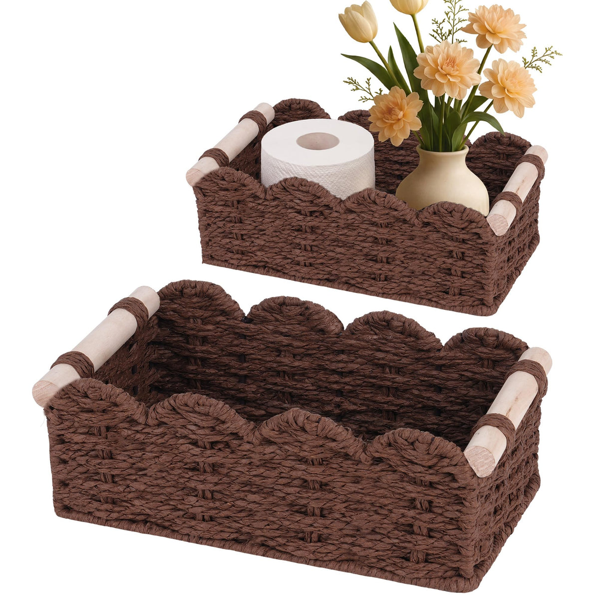 iEGrow Paper Rope Small Storage Baskets for Organizing, Set of 2 Scalloped Edge Wicker Basket with Wooden Handles Toilet Paper Basket for Over Toilet Storage Shelf, Home Decor, Living Room (Neutral)