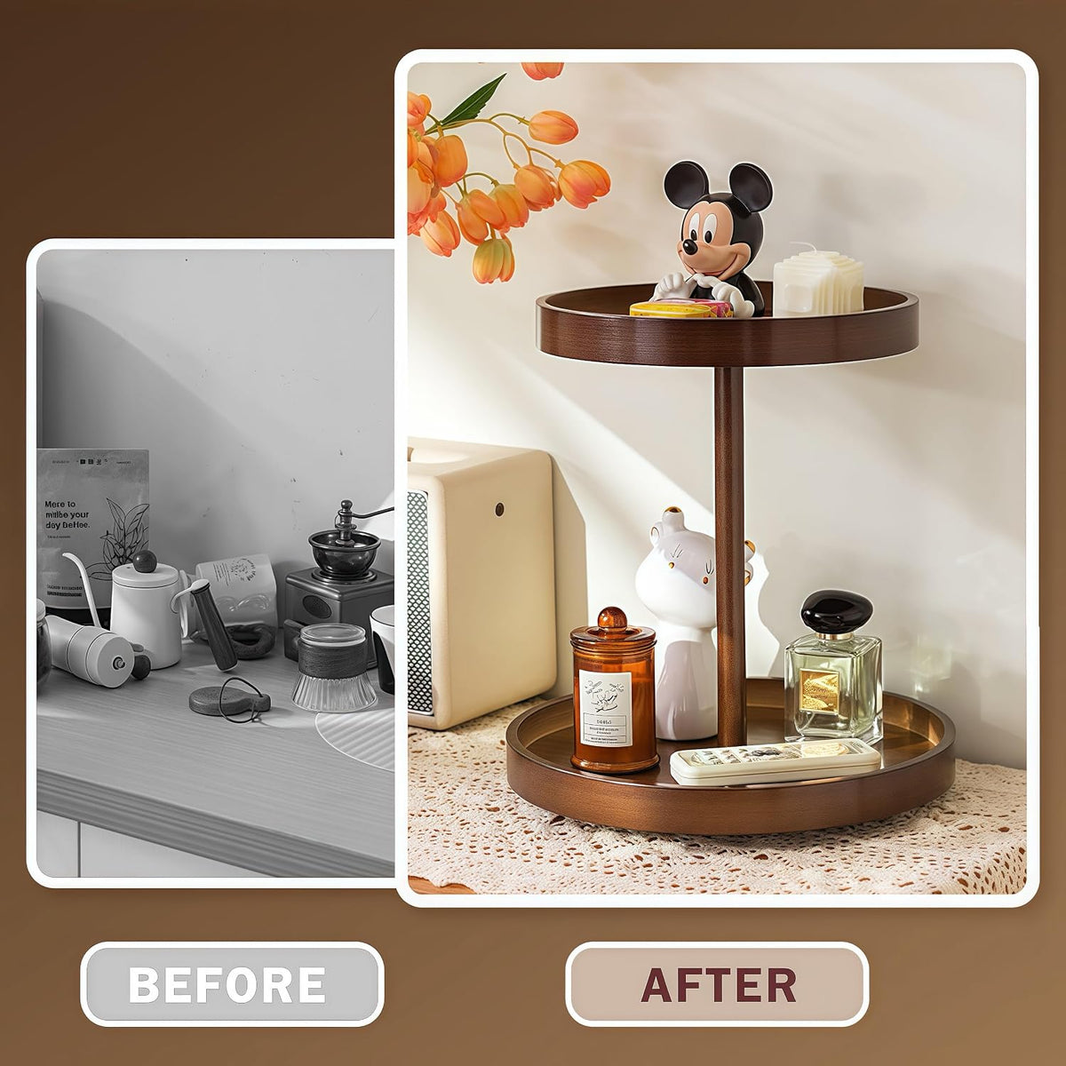 2-Tier Bamboo 360° Rotating Makeup Organizer Vanity Shelf