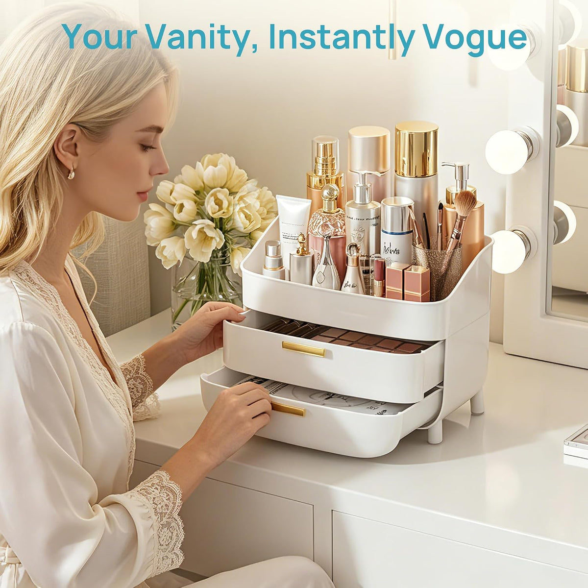 Vtopmart 3-Tier Skincare Makeup Organizer with Drawers, White