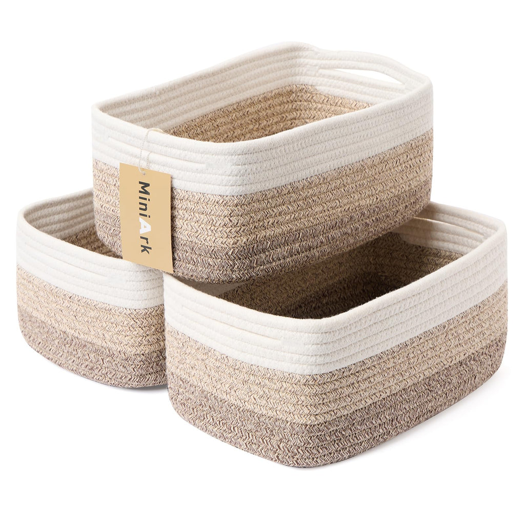 MiniArk Small Storage Baskets for Organizing | Closet Organizer Bins | Shelf Toy Basket | Woven Rope Baskets | Cube Decorative Box | Shallow Basket | L11.5xW7.5xH4.7| Brown