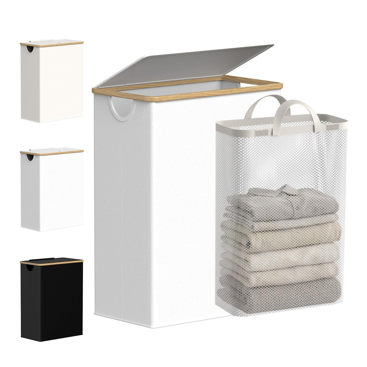 efluky Slim Laundry Basket with Lid, Narrow Laundry Hamper with Removable Bag, Skinny Dirty Clothes Basket with Bamboo Handles for Bathroom, Bedroom & Laundry Room, 75L Beige