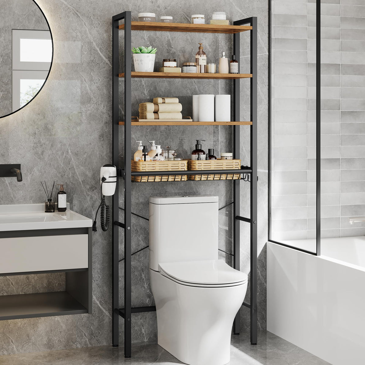 VASAGLE 4-Tier Over the Toilet Storage, Adjustable Shelves, Basket, 68.1''H