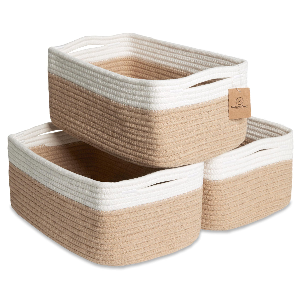 NaturalCozy 11.8"x8"x4.5” Storage Baskets for Shelves 3 Pack | Cotton Rope Woven Small Baskets for Organizing | Small Storage Bins for Nursery, Bathroom, Closet, Cube Shelf, Decorative, Gift Basket