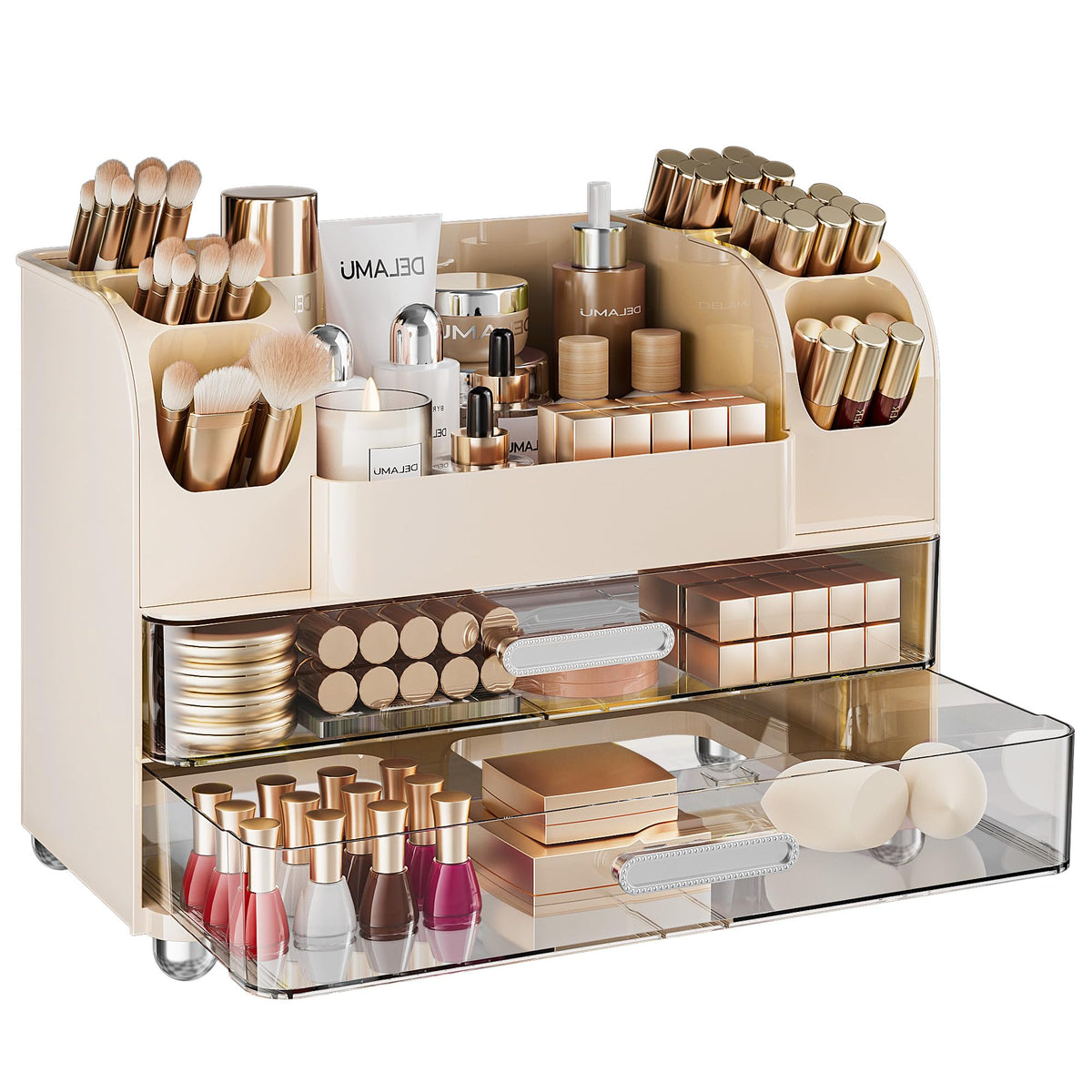 Delamu Large Makeup Organizer Countertop with 6 Brush Holders, White