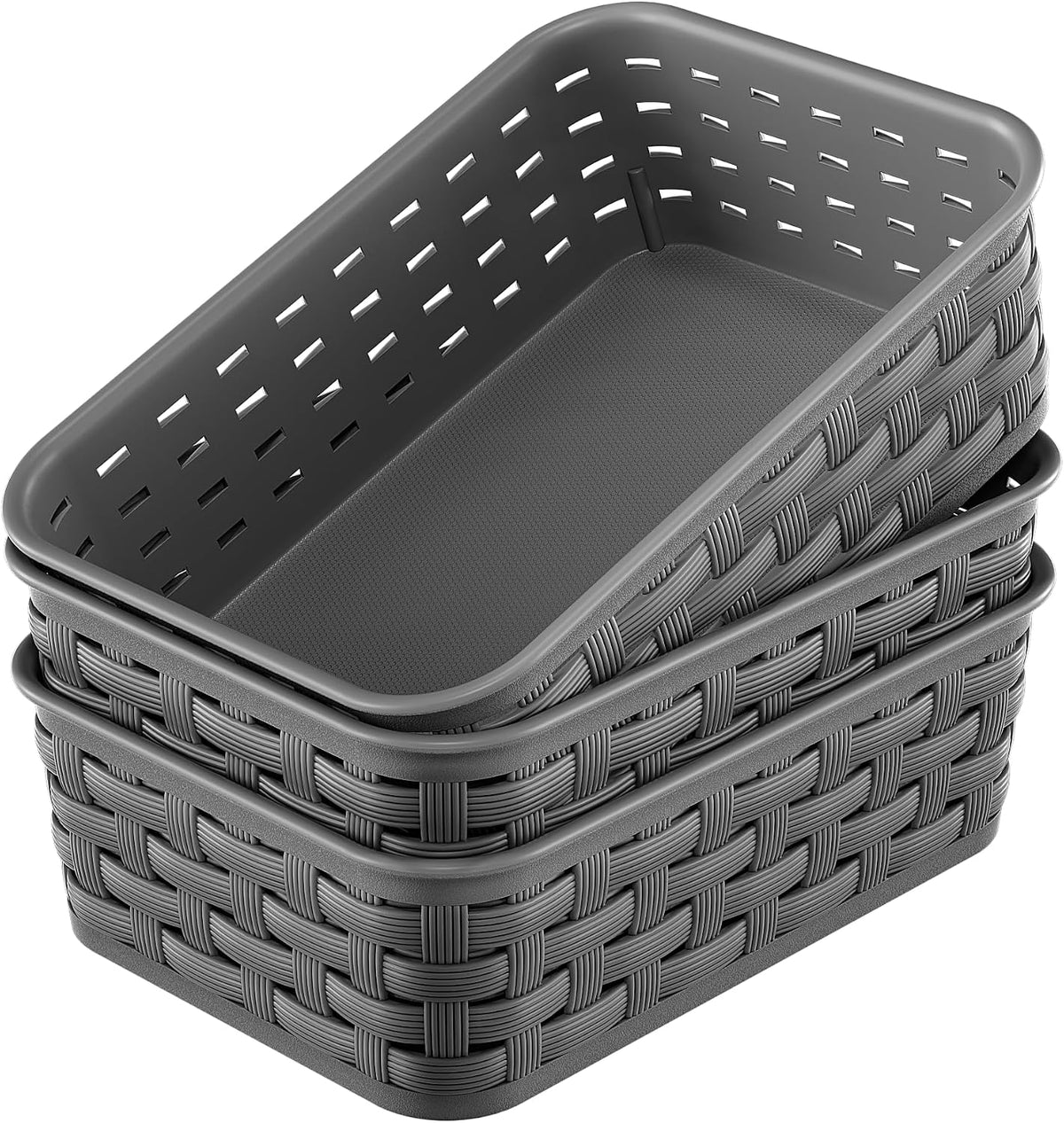 3 Pack Small Plastic Basket, Storage Bin Baskets for Organizing, Pantry Organizer Household Wicker Storage for Laundry Room, Bedrooms, Kitchens, Cabinets, Countertops, Dark Gray