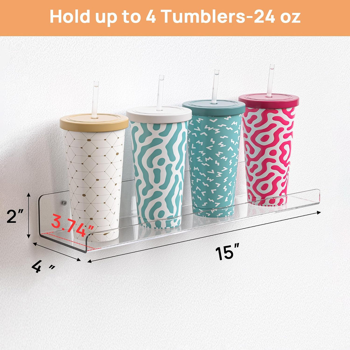 upsimples 4 Pcs 15" Acrylic Shelves for Wall Storage and Organizer, Clear