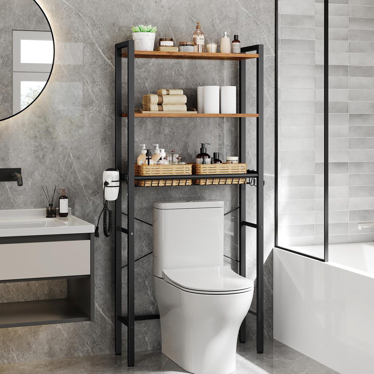 VASAGLE 4-Tier Over the Toilet Storage, Adjustable Shelves, Basket, 68.1''H