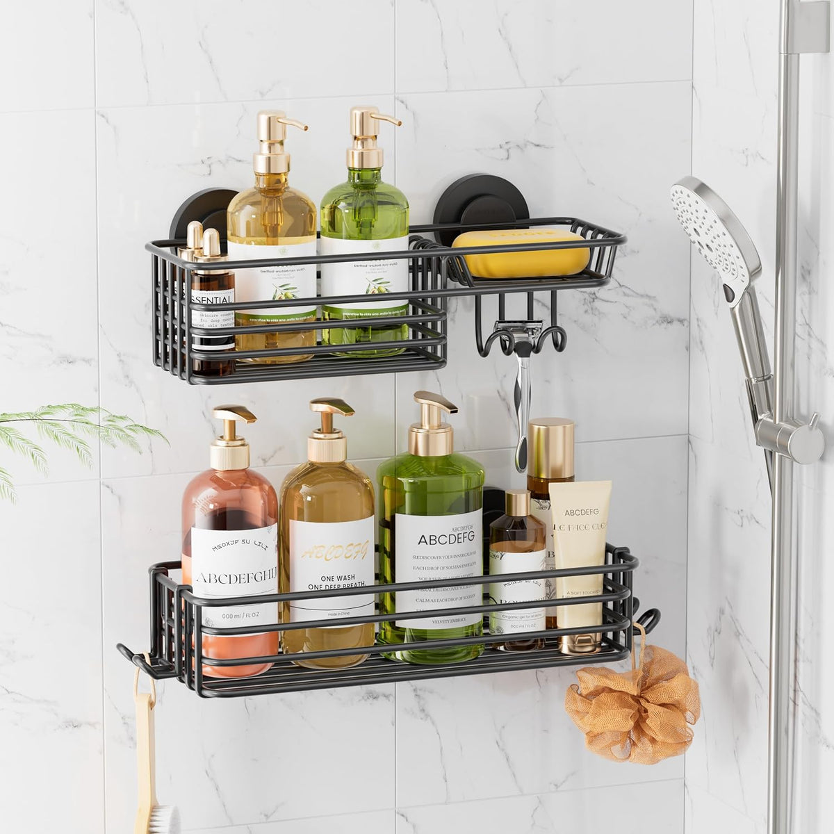 LEVERLOC Shower Caddy Suction Cup, 2 Pack Shower Shelves for Inside Shower with Hooks & Soap Holder, NO-Drilling Bathroom Shower Organizer, Rustproof Meatl Shower Holder Storage, Black