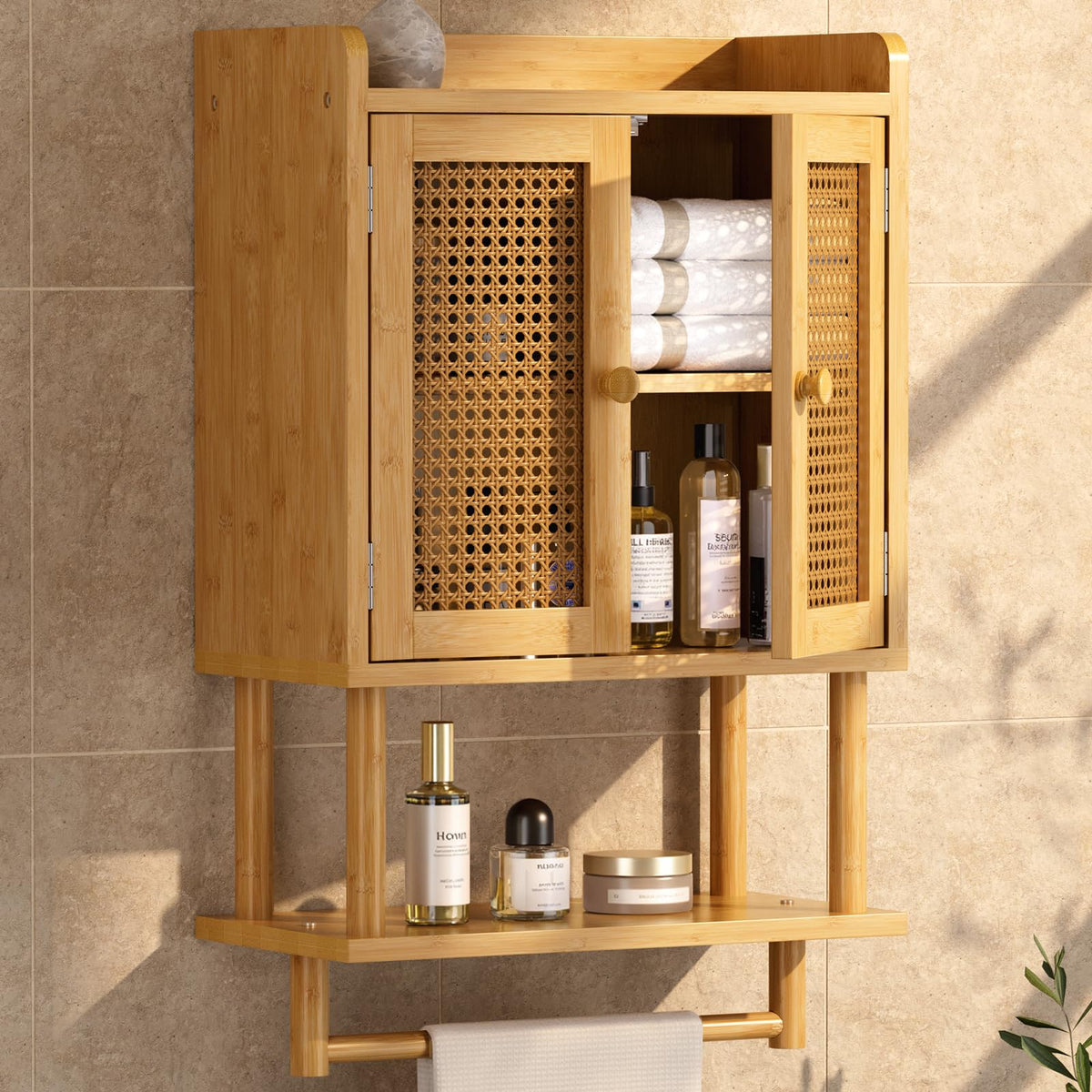 AmazerBath Bathroom Wall Cabinets, Bamboo Medicine Cabinet with Rattan Door, Over The Toilet Storage Cabinet with Towel Bar, Wall Mounted Cabinet with Adjustable Shelves for Small Spaces