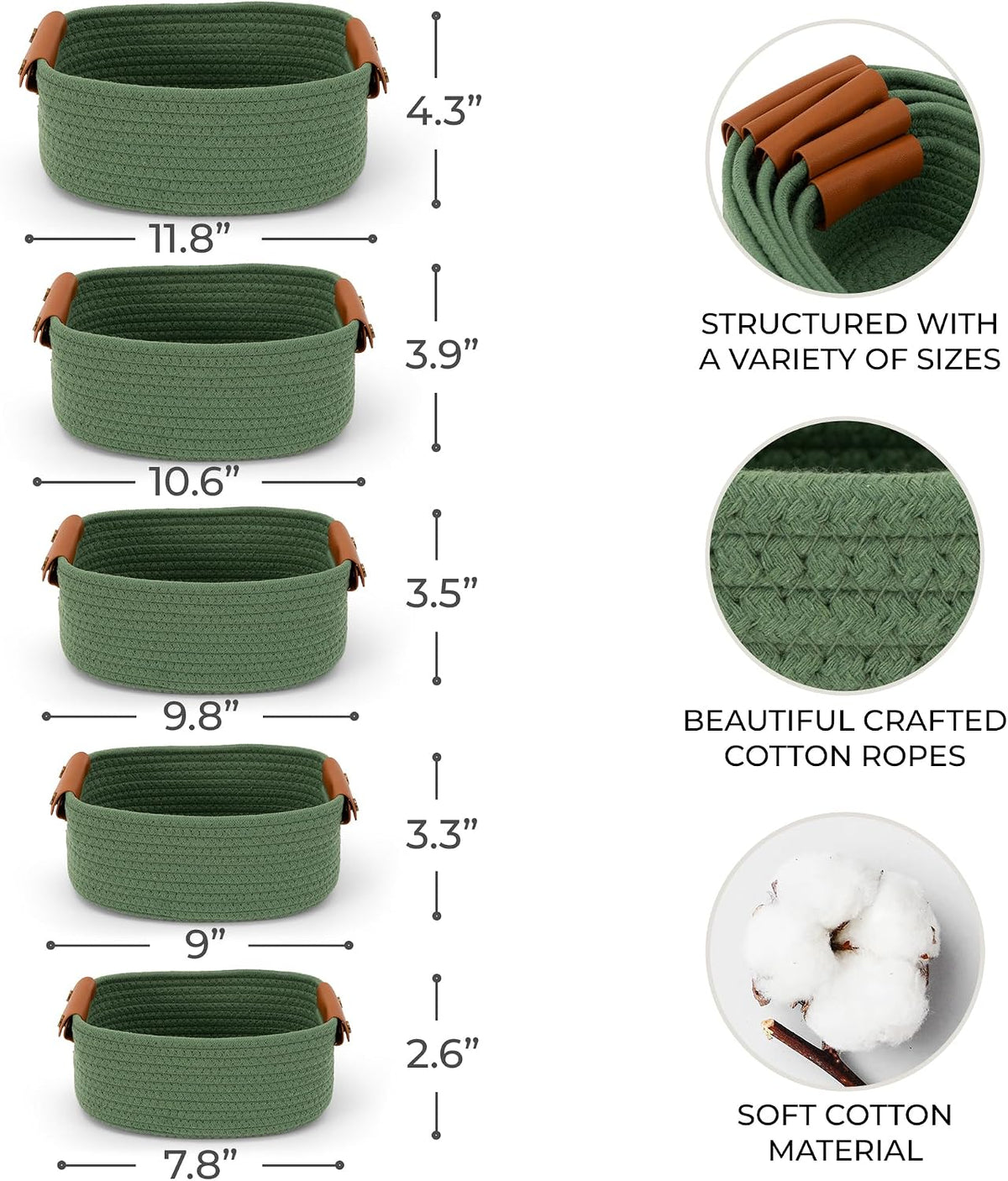 Beautiful Storage Basket Set of 5 - Sturdy Cotton Rope Baskets for Shelves