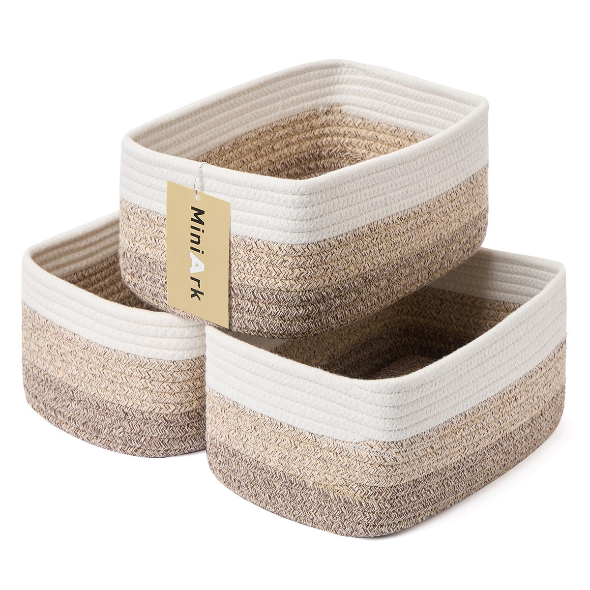 MiniArk Small Storage Baskets for Organizing | Closet Organizer Bins | Shelf Toy Basket | Woven Rope Baskets | Cube Decorative Box | Shallow Basket | L11.5xW7.5xH4.7| Brown
