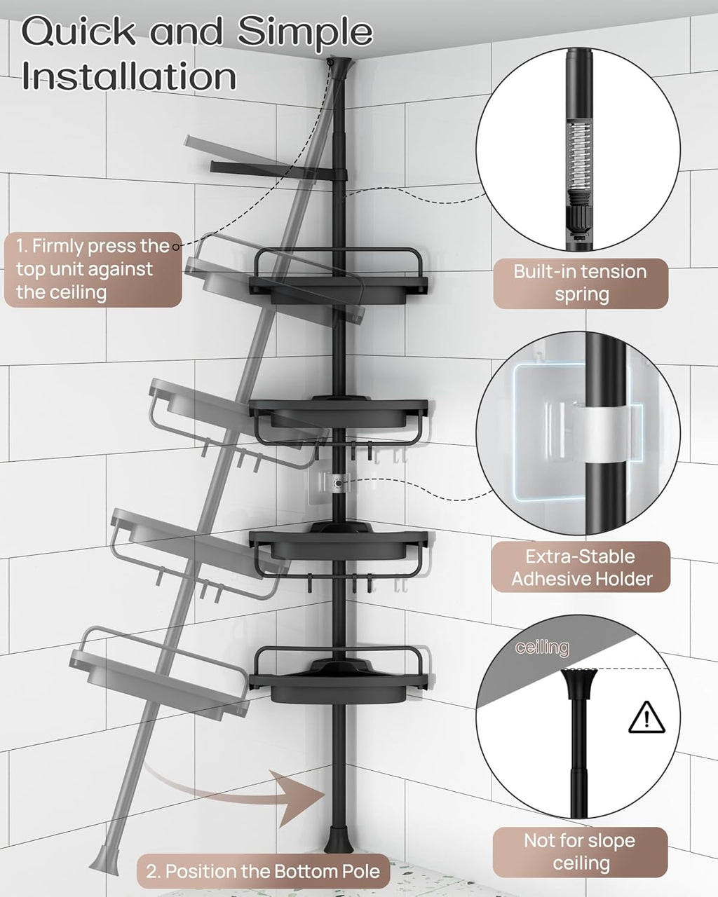 Corner Shower Caddy Tension Pole for Shampoo Holder, Stainless Steel Rod
