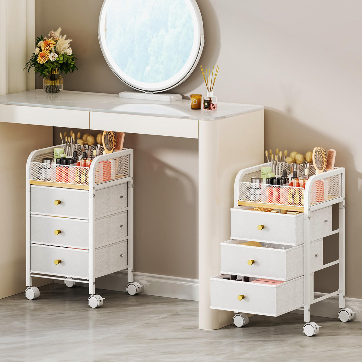 SWTYMIKI Rolling Makeup Organizer Cart - Under Desk Vanity Makeup Storage with 3 Non-woven Drawers, Nail Cart Organizer Cosmetic Display Cases Cabinet for Skin Care Perfume Nail Polish Brush Hair Tool