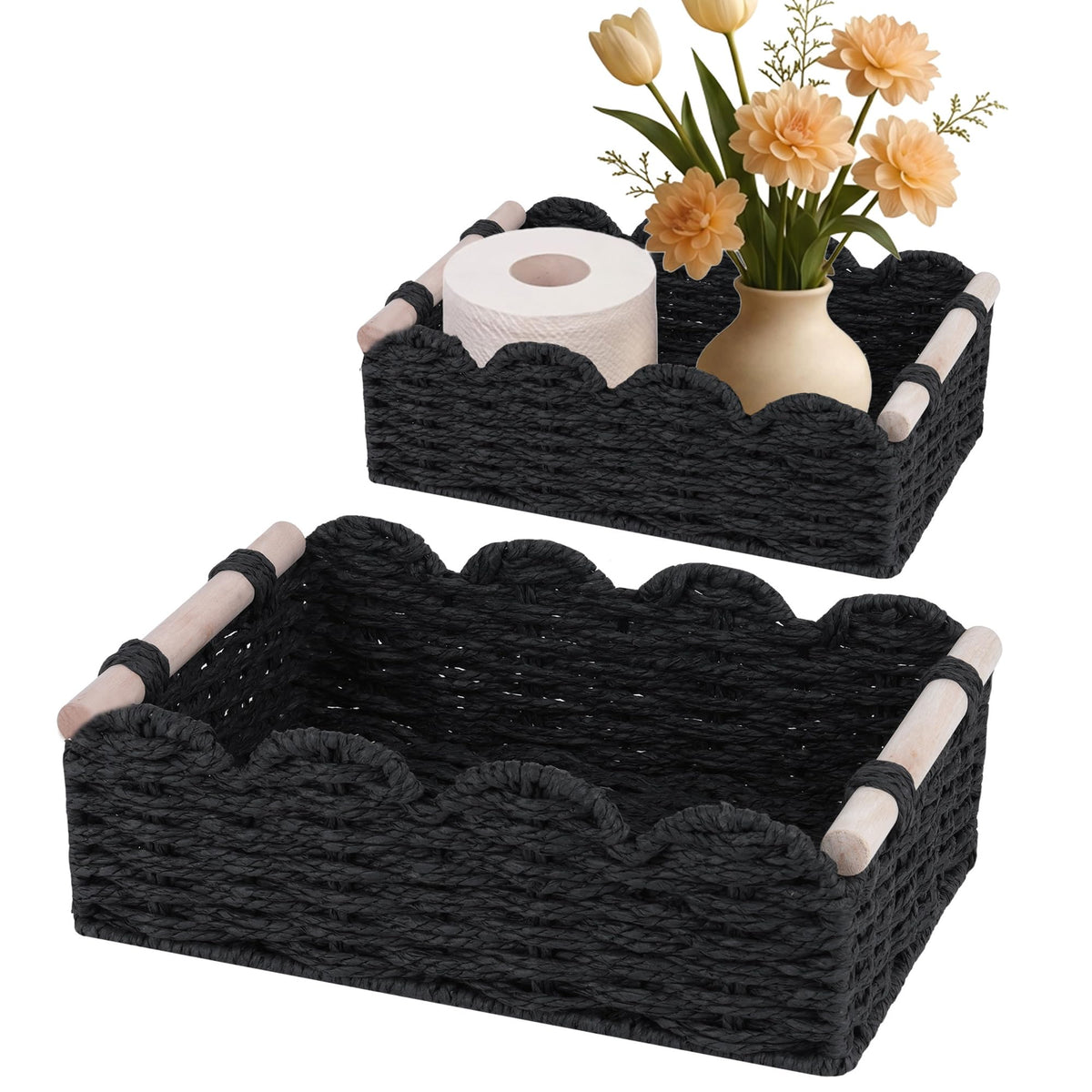 iEGrow Paper Rope Small Storage Baskets for Organizing, Set of 2 Scalloped Edge Wicker Basket with Wooden Handles Toilet Paper Basket for Over Toilet Storage Shelf, Home Decor, Living Room (Neutral)