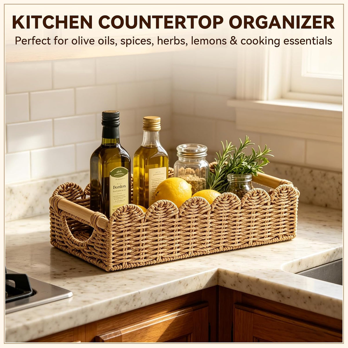 Upgraded Bathroom Basket Organizer w/Cut Out Handle, Back of Toilet Paper Storage Baskets Tray for Bathroom Countertop Decorative, Scalloped Wicker Basket Also for Home Decor, Living Room (Neutral)