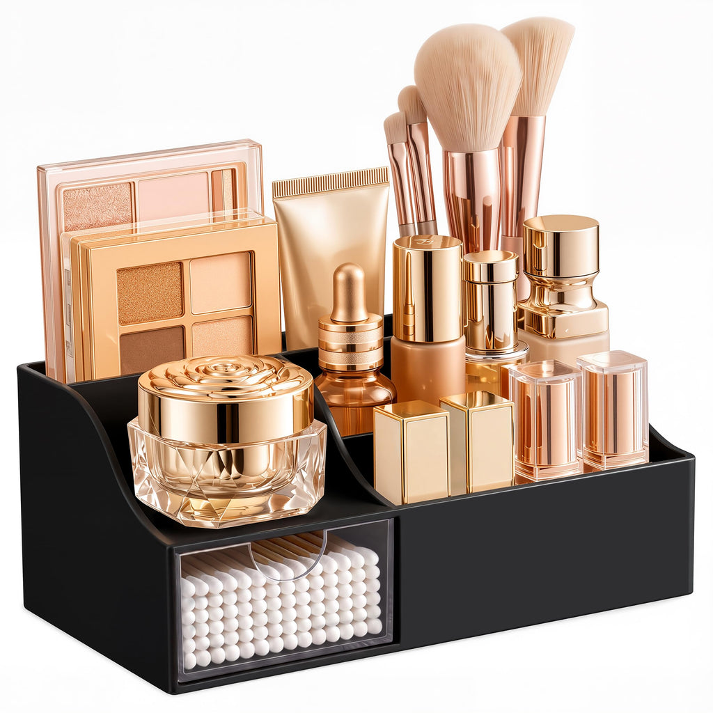 HBlife Makeup Organizer with Drawer – Cosmetic Storage for Vanity, Bathroom Countertop & Dresser, Skincare Organizer with Brush Holder, Beauty Display Case (Clear)