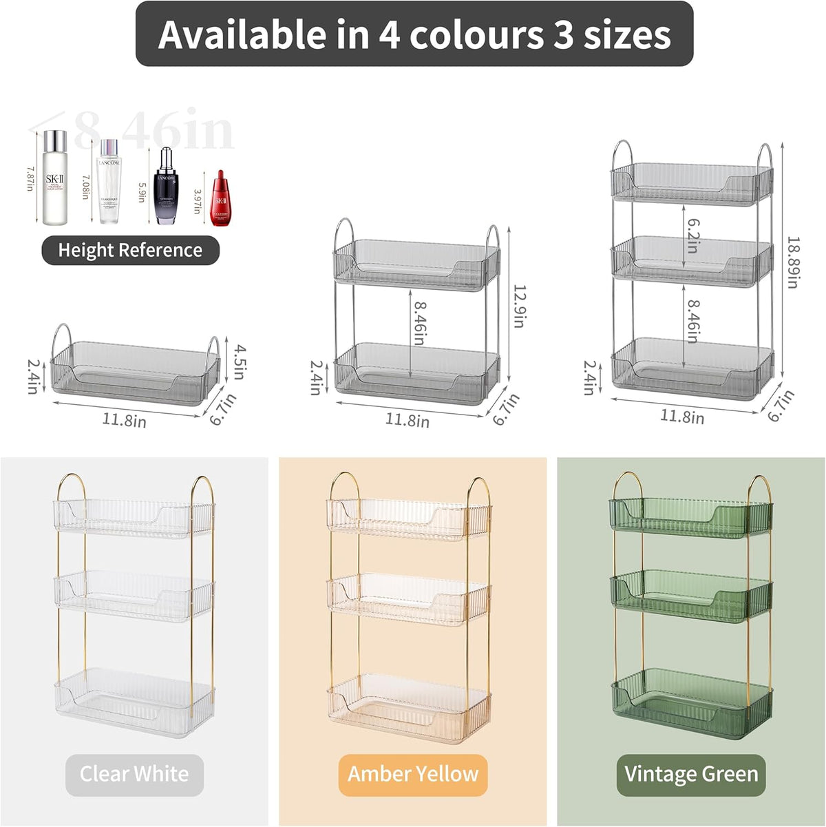 Akinbas 3 Tier Bathroom Organizer Countertop Makeup Perfume Tray Skincare Organizer for Bathroom Dresser Vanity (Grey)