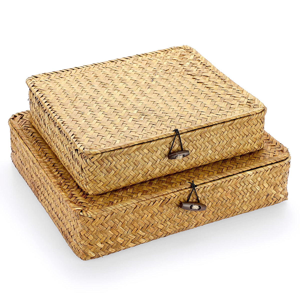 Hipiwe Set of 2 Flat Wicker Storage Basket Bins with Lid Woven Seagrass Box