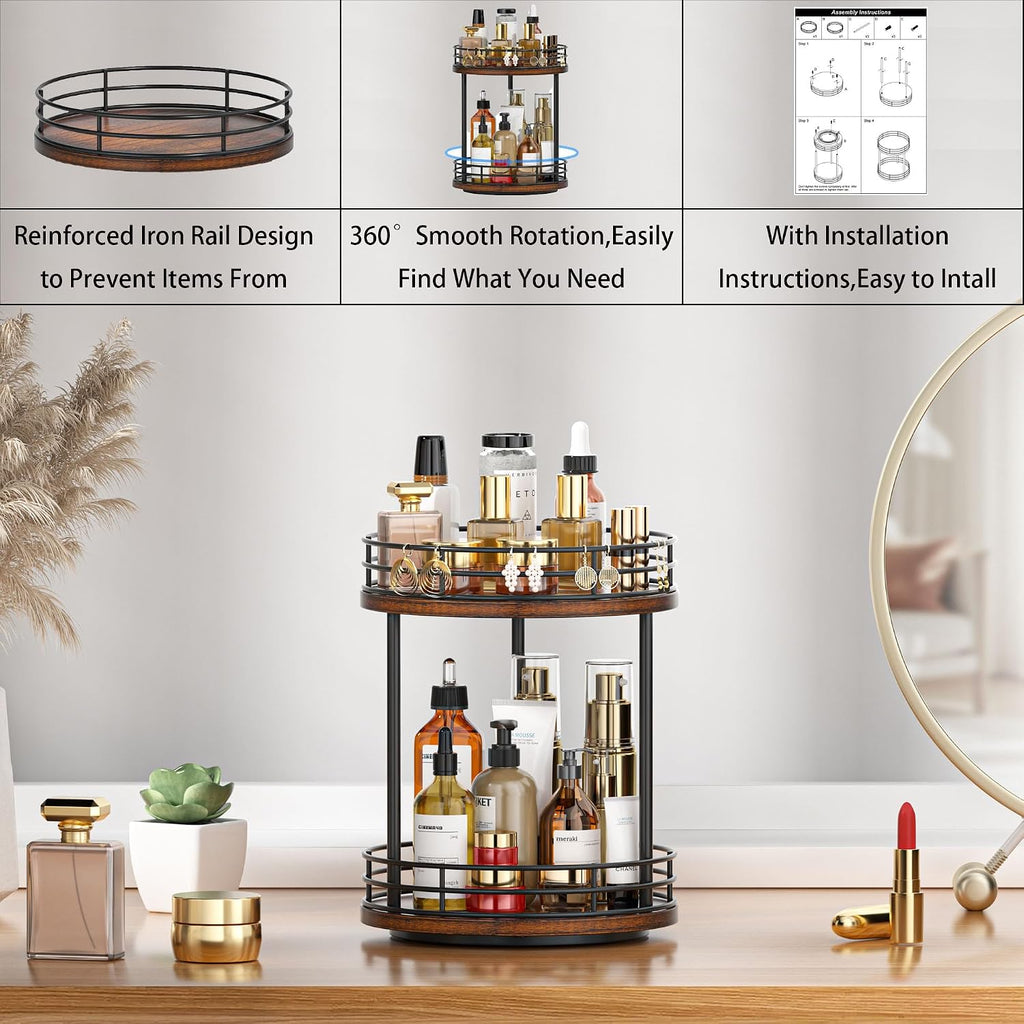 2-Tier Rotating Bathroom Countertop Organizer, Wooden Makeup Vanity Storage, Multifunctional Lazy Susan Turntable for Skincare, Perfume and Cosmetics (Brown)
