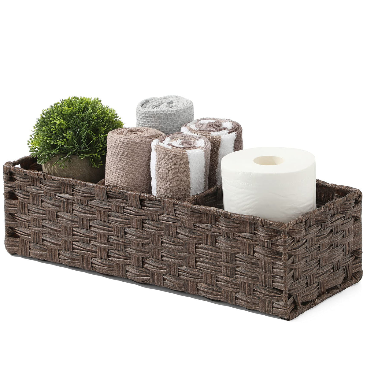 [Larger Compartments] Toilet Tank Topper Paper Basket - Multiuse Hand Woven Plastic Wicker Basket with Divider for Organizing, Rustic Farmhouse Bathroom Decor, Countertop Organizer Storage, Gray Wash