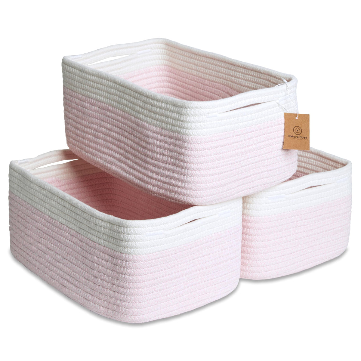 NaturalCozy 11.8"x8"x4.5” Storage Baskets for Shelves 3 Pack | Cotton Rope Woven Small Baskets for Organizing | Small Storage Bins for Nursery, Bathroom, Closet, Cube Shelf, Decorative, Gift Basket