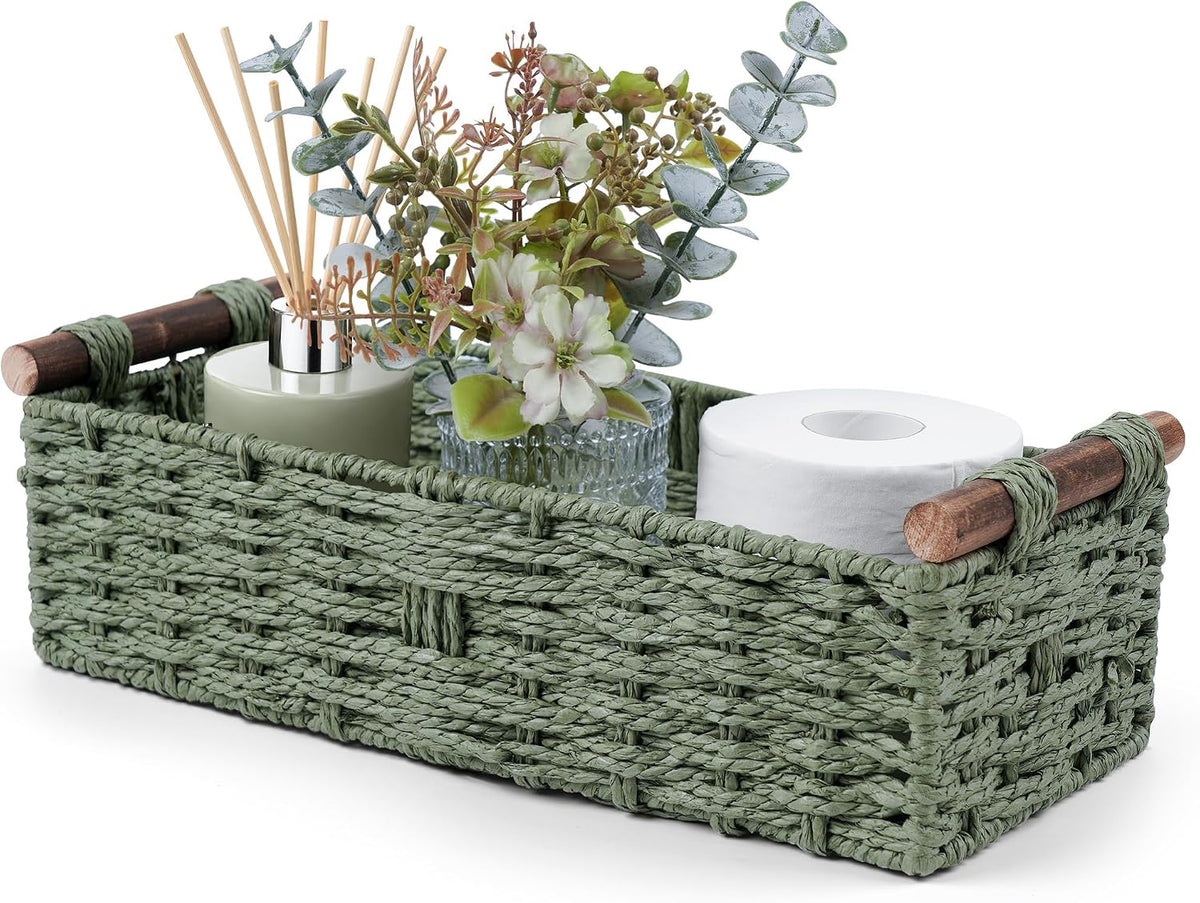 Round Paper Rope Storage Basket Wicker Baskets for Organizing with Handle Decorative Storage Bins for Countertop Toilet Paper Basket for Toilet Tank Top Small Baskets Set,Green