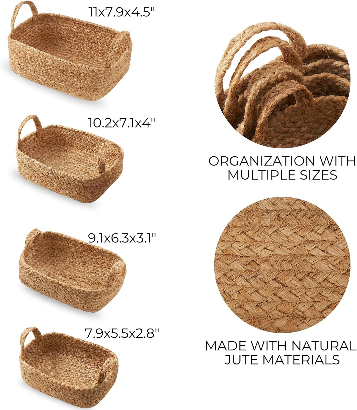 Beautiful Storage Basket Set of 4 - Natural Jute Rope Baskets for Shelves