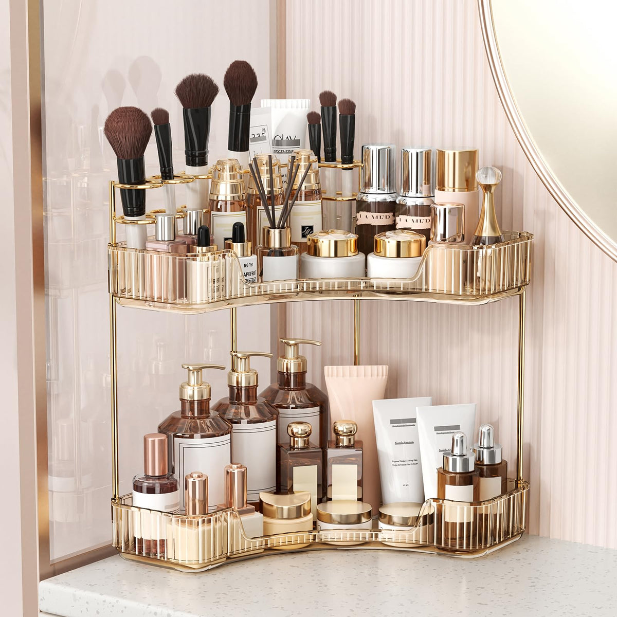 BEFSOP Corner Bathroom Counter Organizer, Upgraded 3-Tier Makeup Organizer Countertop with Makeup Brush Holder, Skincare Exquisite Vanity Organizers Countertop Bathroom Storage Dresser(GOLD)