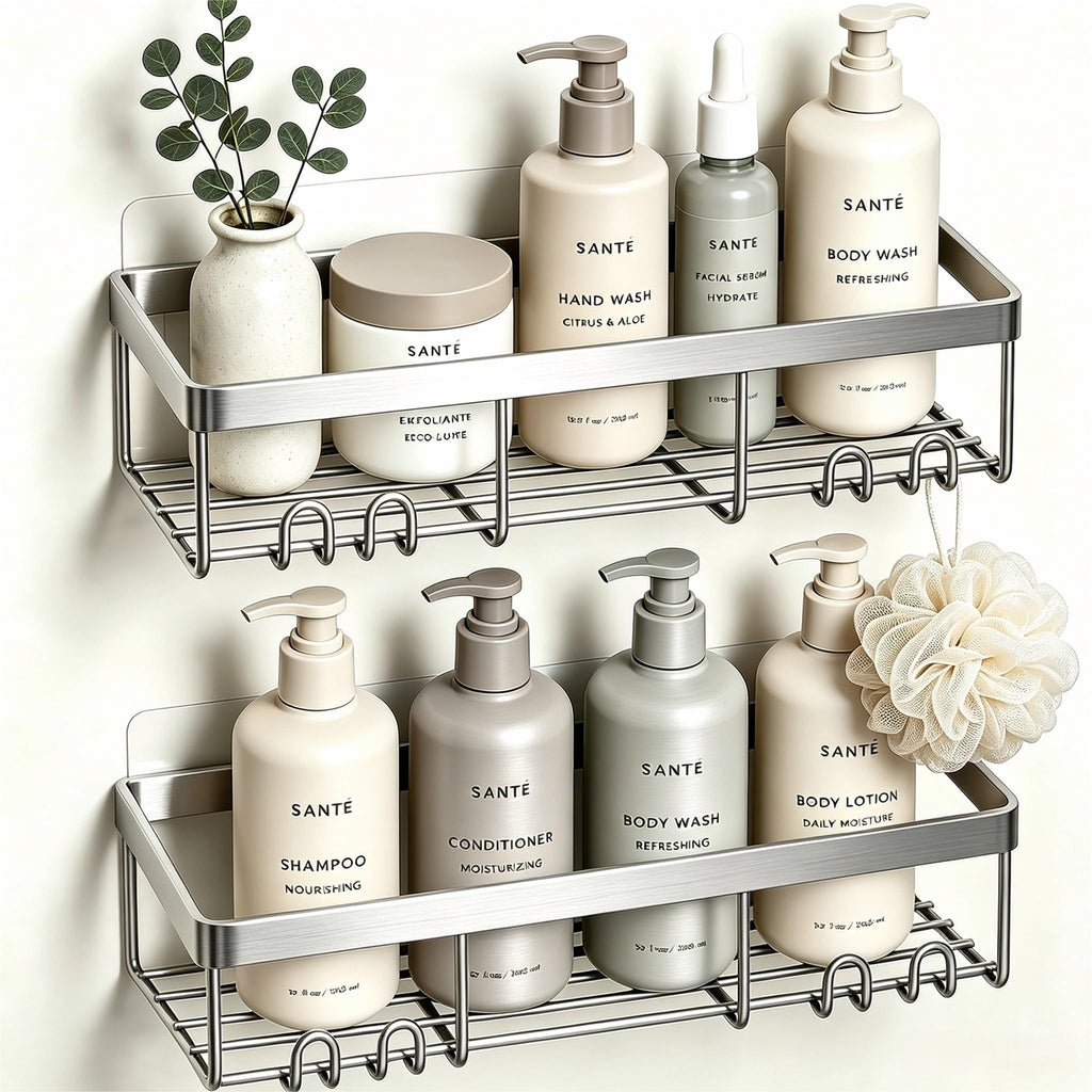 Moforoco Shower Caddy Shelf Organizer Rack, Self Adhesive Black Bathroom Shelves Basket, Home Farmhouse Wall Inside Organization and Storage Decor Rv Accessories, First Camper Apartment Essentials