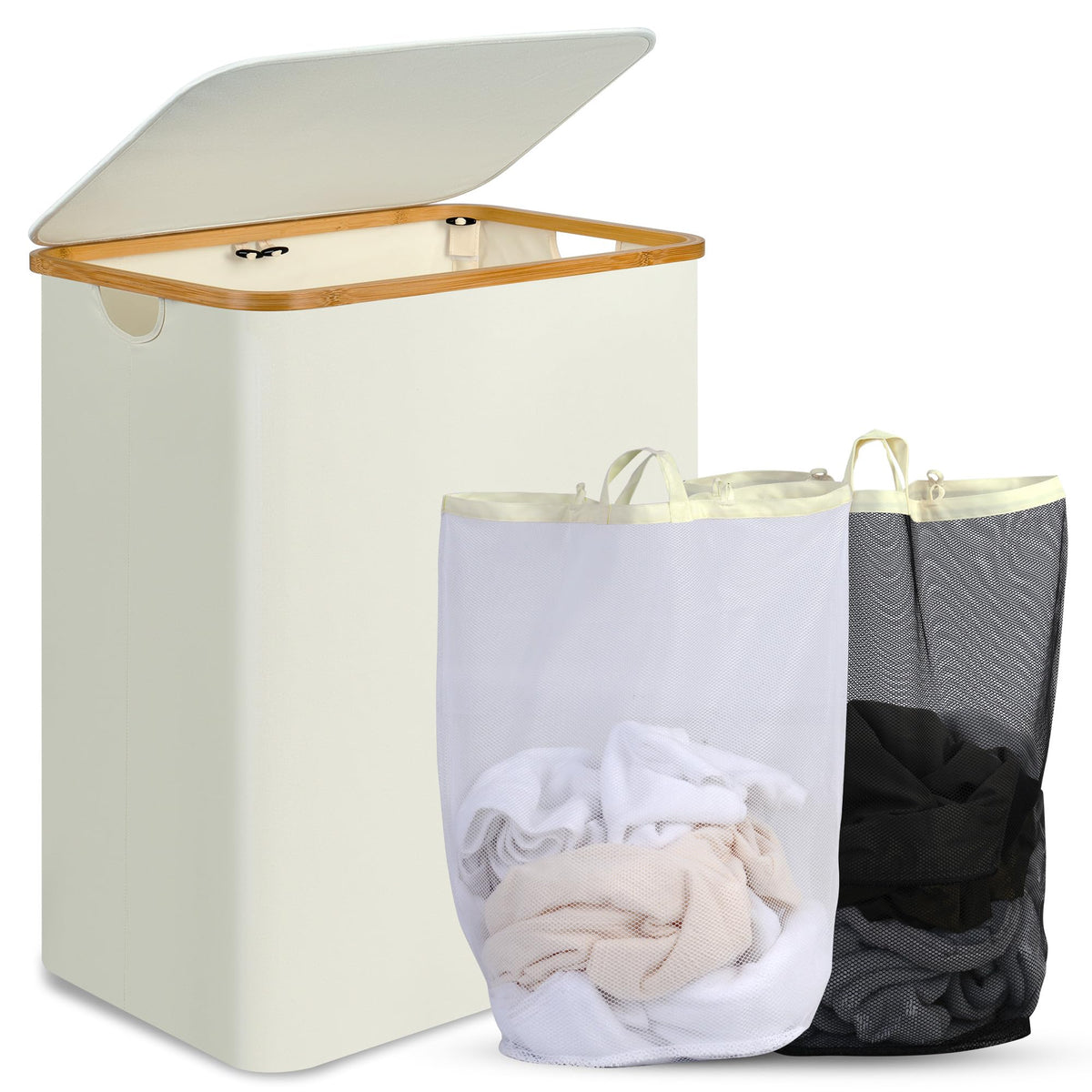 efluky Slim Laundry Basket with Lid, Narrow Laundry Hamper with Removable Bag, Skinny Dirty Clothes Basket with Bamboo Handles for Bathroom, Bedroom & Laundry Room, 75L Beige