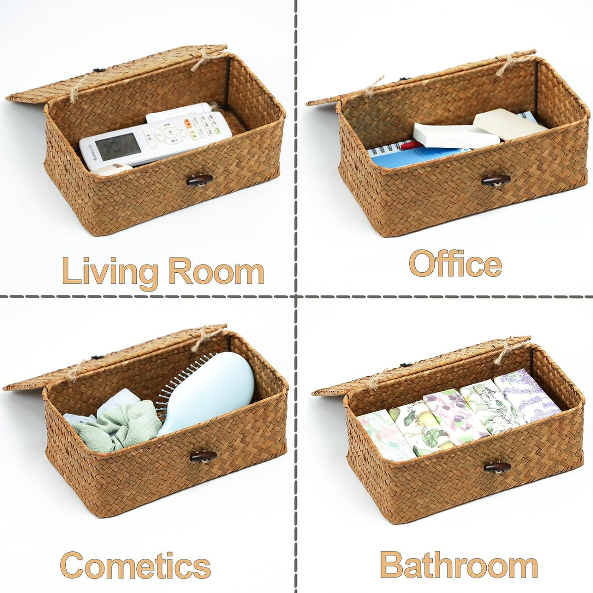 Wicker Storage Basket with Lid, Seagrass Storage Baskets for Organizing