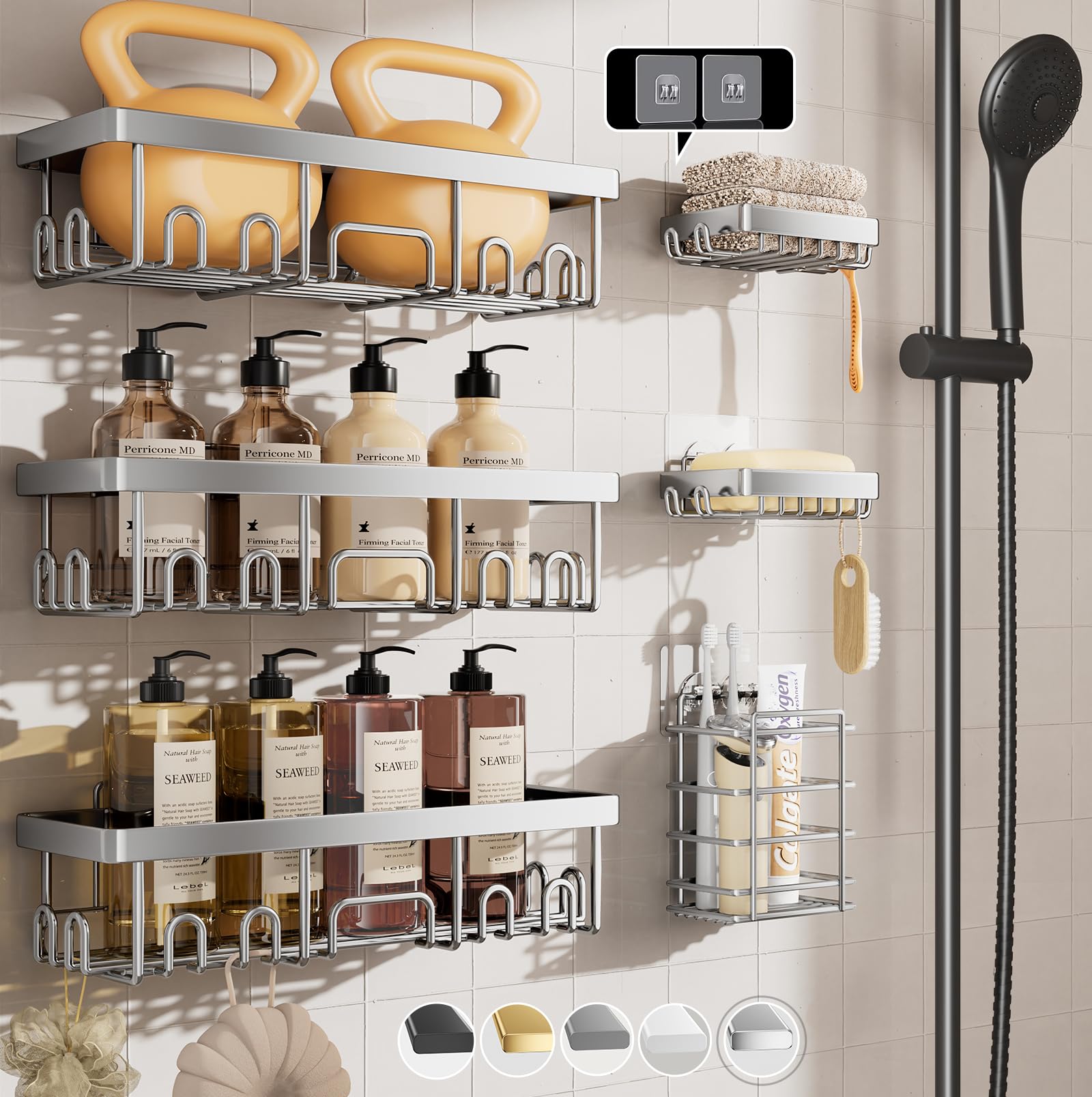 Veken Shower Caddy 6-Pack with Hooks, Bathroom Organizers & Storage, Black