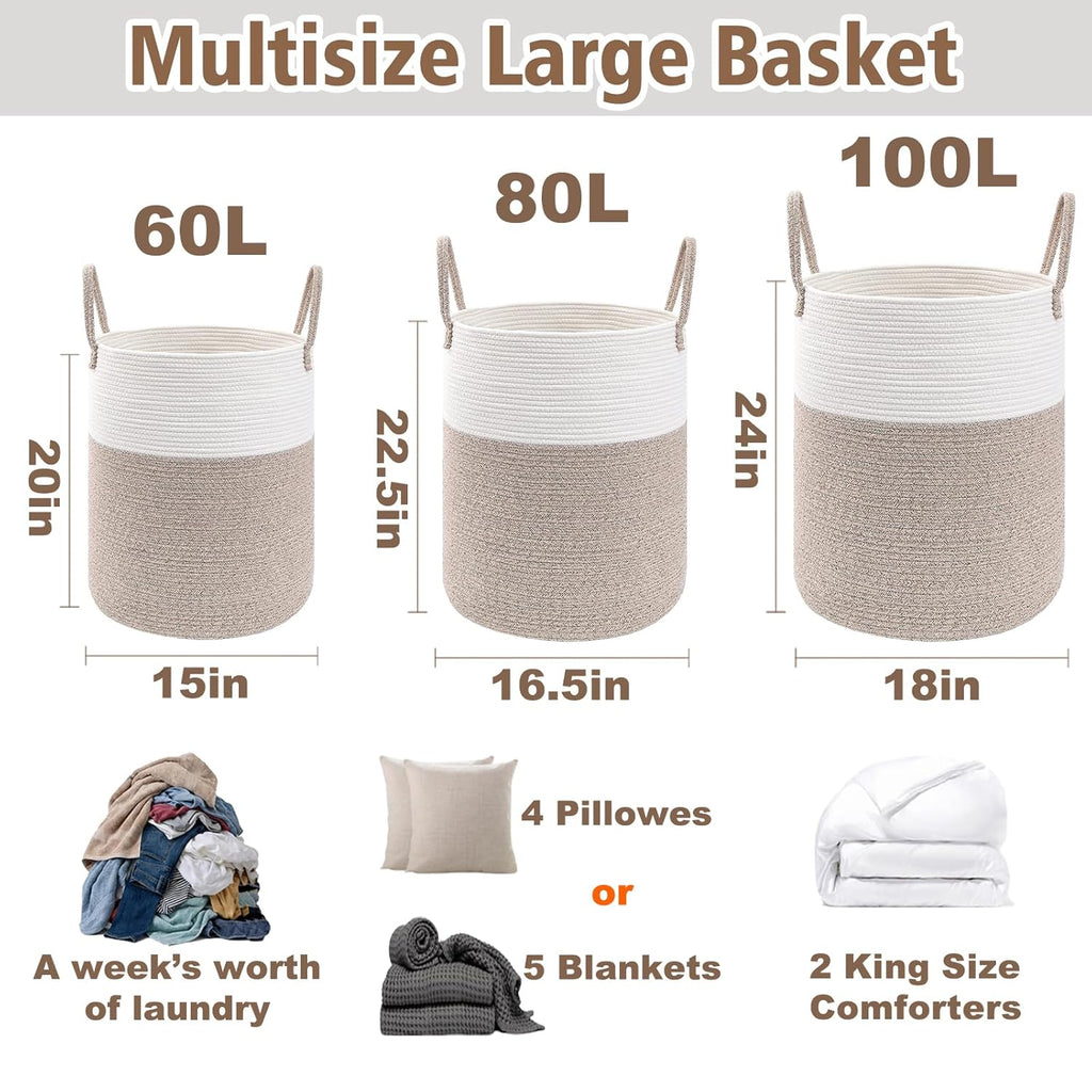 JMvicyroam 60L Cotton Rope Laundry Basket Hamper, Brown