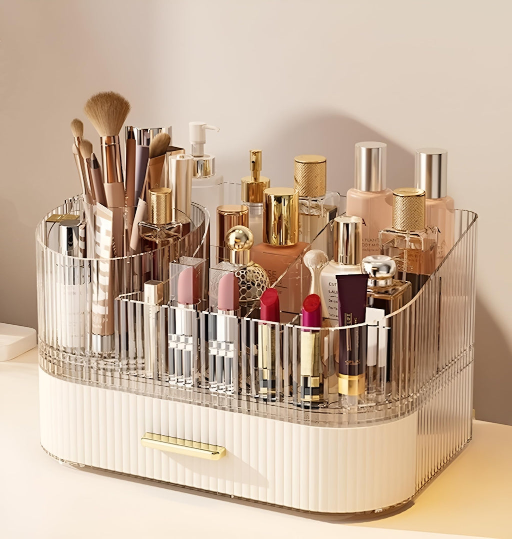 Large Makeup Organizer with Drawers, 360° Rotating Brush Holder