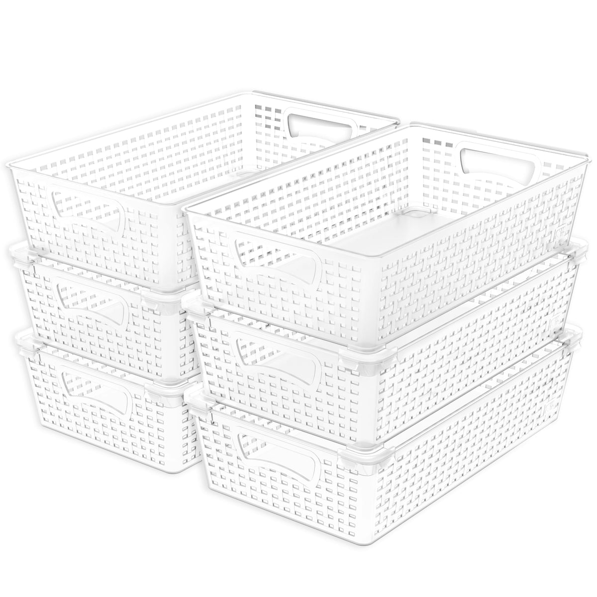 Simple Houseware Stackable Plastic Woven Basket Organizer, 6 Pack, Black