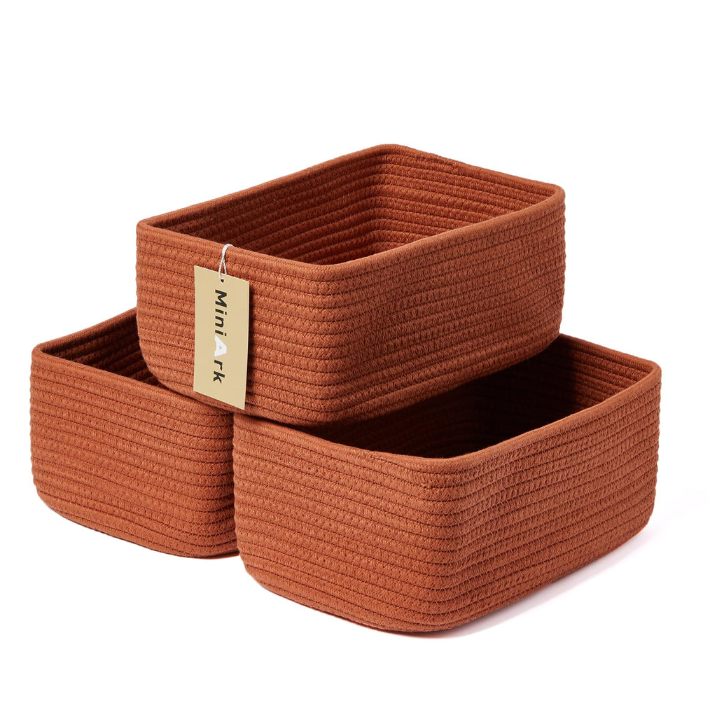 MiniArk Small Storage Baskets for Organizing | Closet Organizer Bins | Shelf Toy Basket | Woven Rope Baskets | Cube Decorative Box | Shallow Basket | L11.5xW7.5xH4.7| Brown