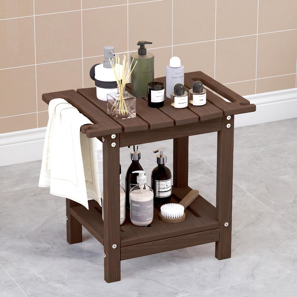 Plawdlik Shower Stool with Shelf, HDPE Weather‑Resistant Shower Bench