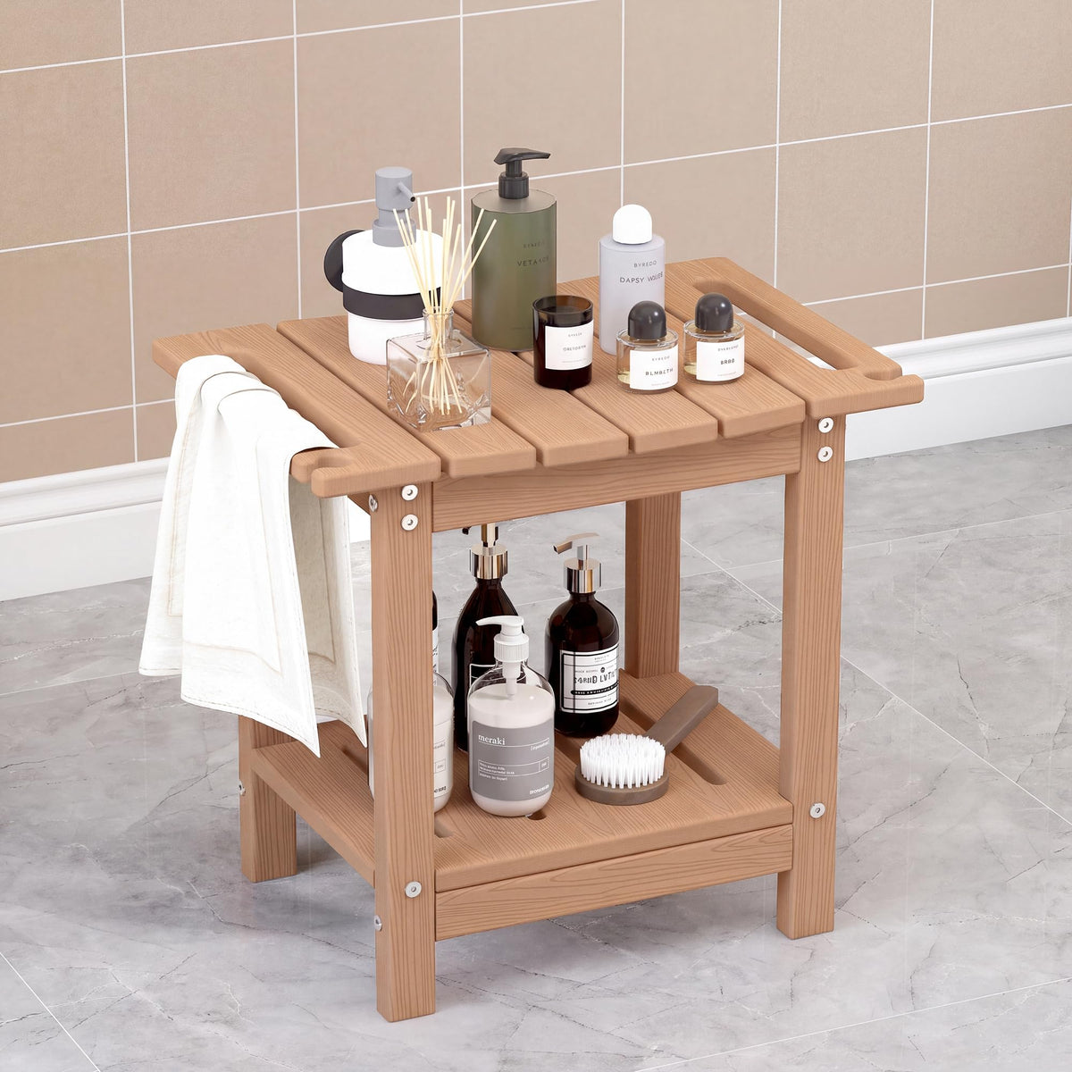 Plawdlik Shower Stool with Shelf, HDPE Weather‑Resistant Shower Bench